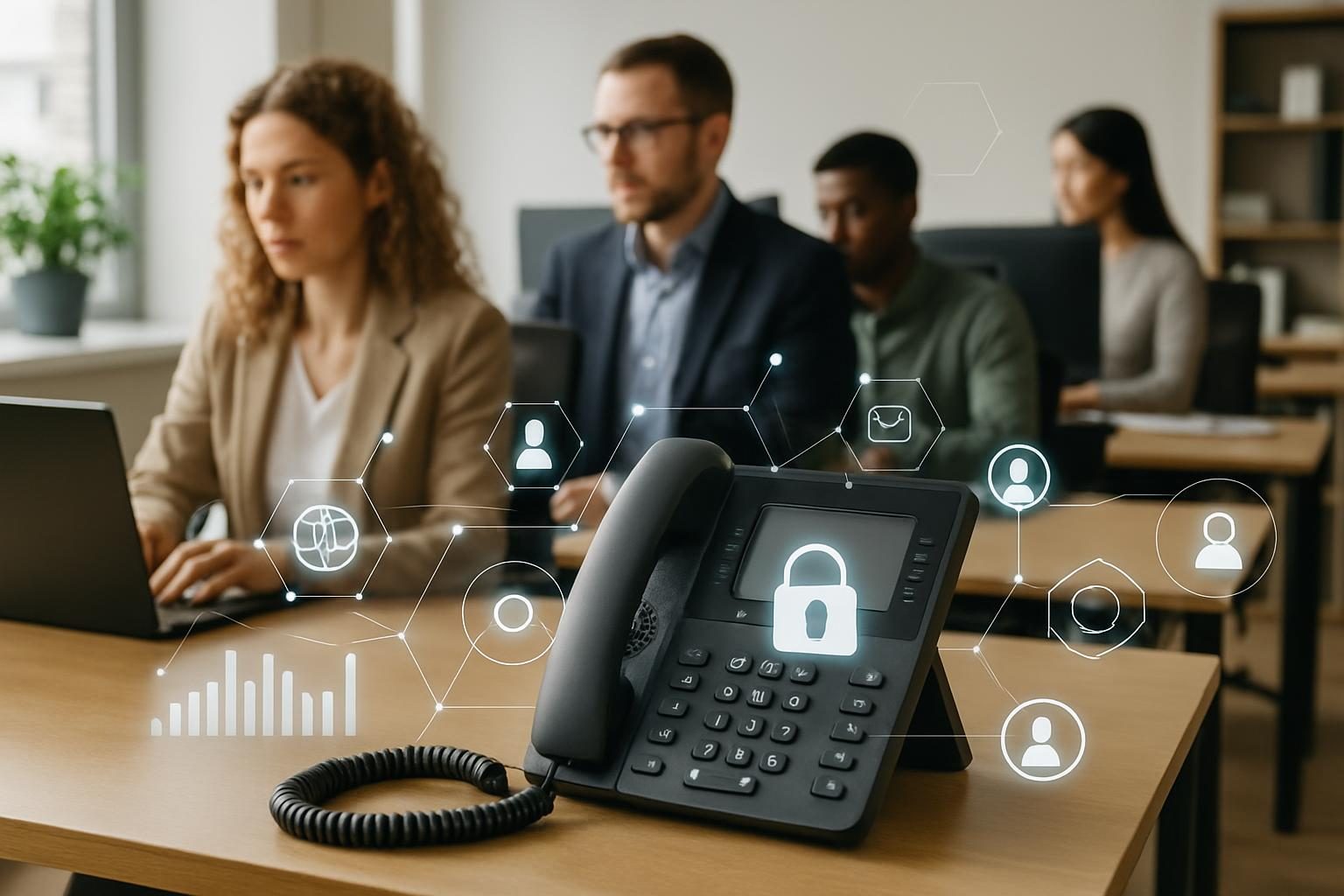 Büro eines deutschen KMU mit Telefon, digitalem Interface und arbeitendem Team