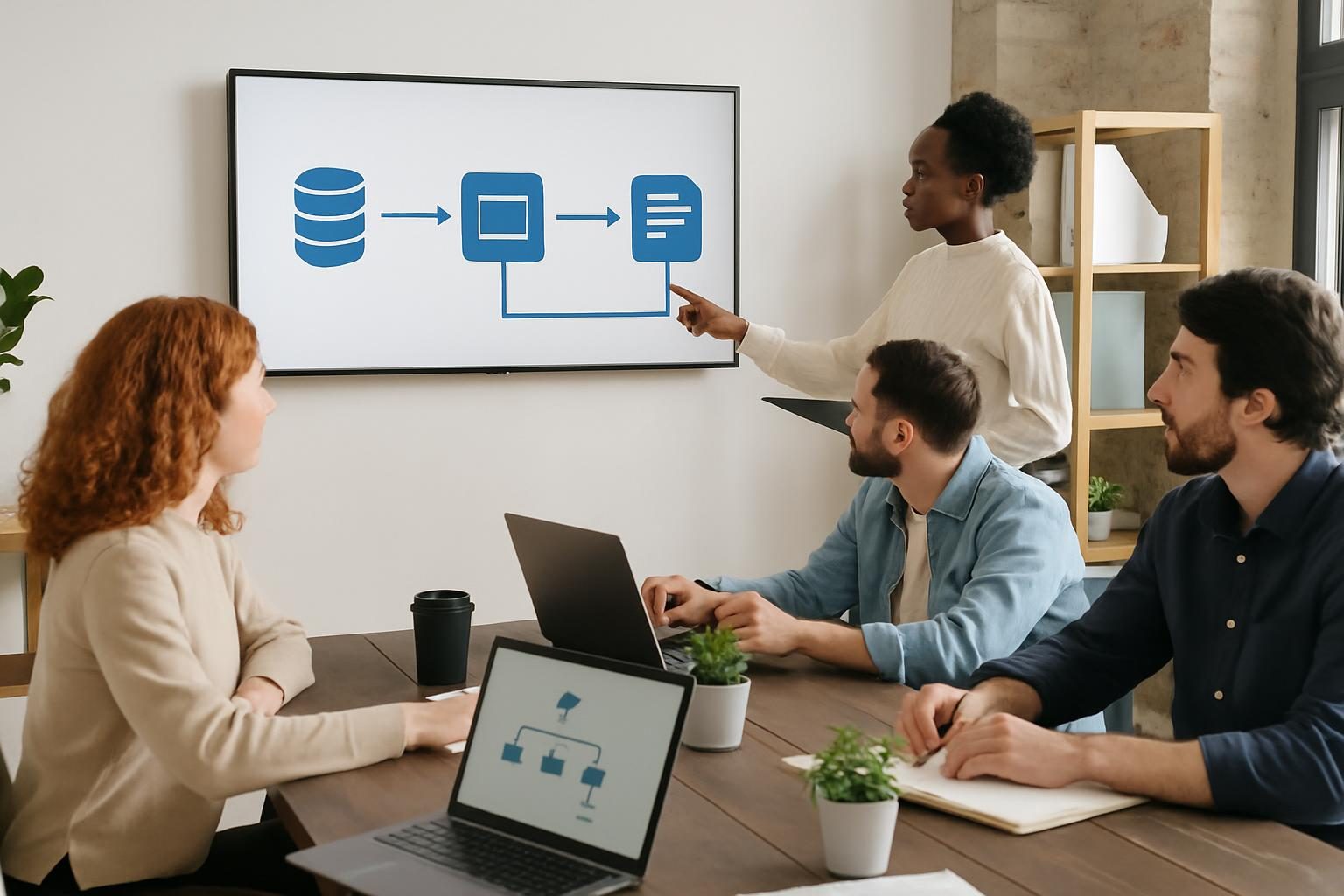 Team dokumentiert KI-Workflows am Bildschirm im modernen KMU-Büro
