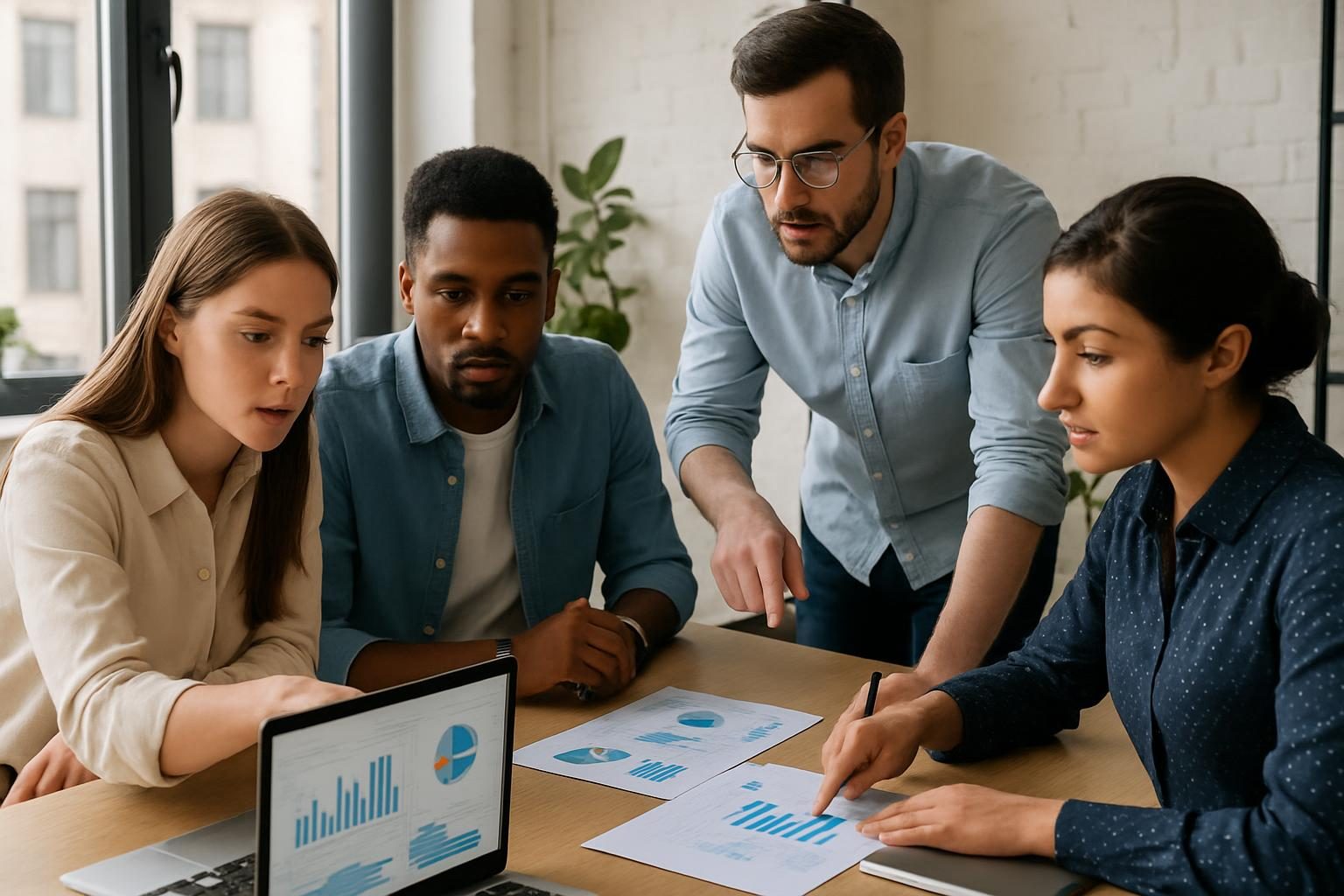Mitarbeiter eines KMU-Teams besprechen am Arbeitsplatz ein digitales KI-Projekt.